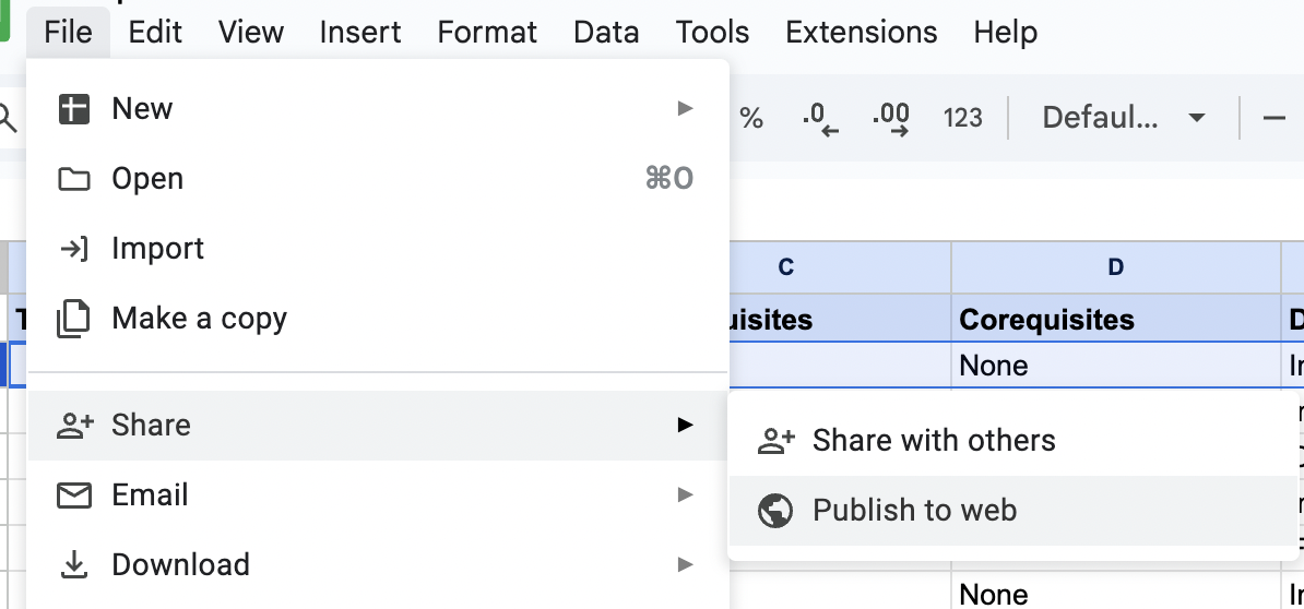 Screenshot showing how to publish your Google Sheet